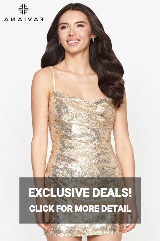 Gold Short Sequin Dress With Cowl Neck | FAVIANA