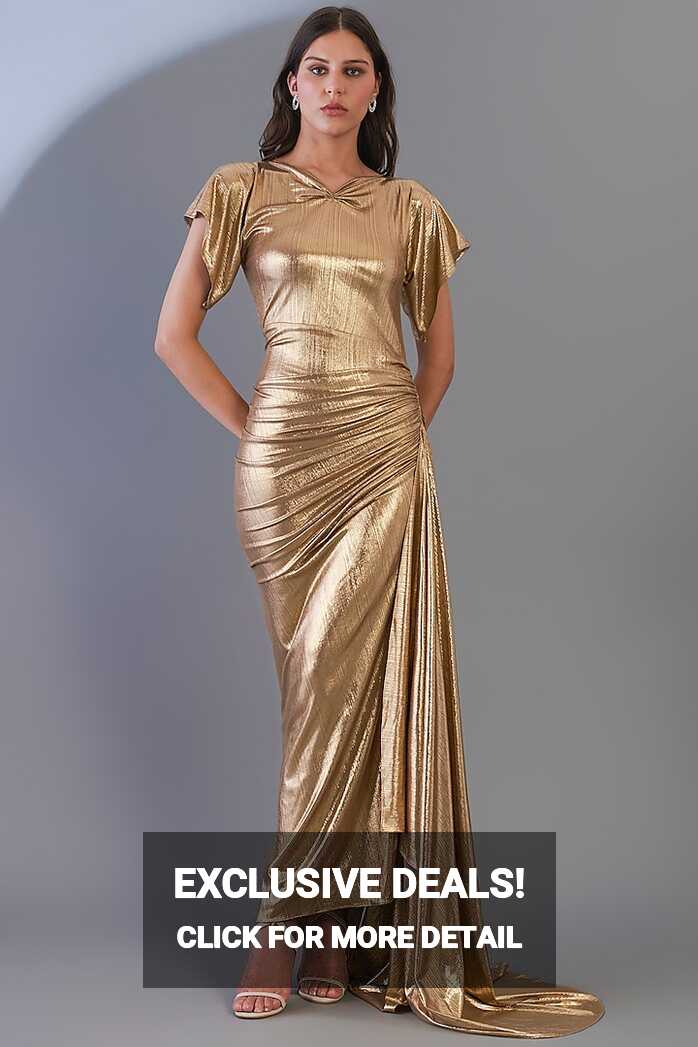 Gold Stretch Knit Foil Bodycon Gown Design by CHAM CHAM at ...