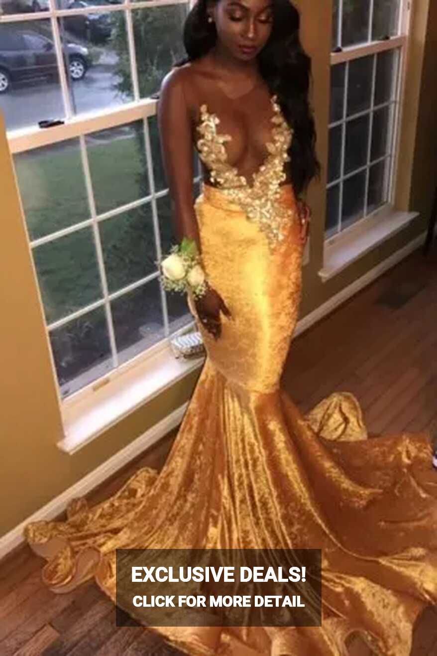 Gold Velvet Lace Appliqued Sheer Sexy Prom Dress - Xdressy