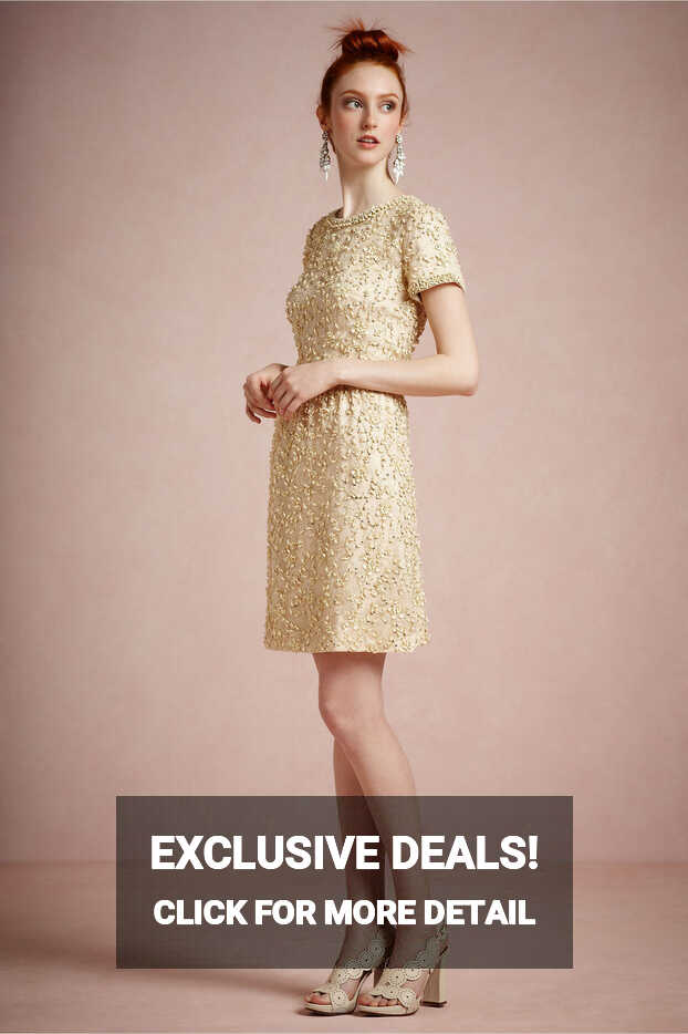 Gold vintage inspired short wedding guest dress by BHLDN