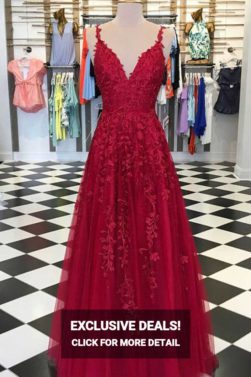 Gorgeous A-Line V-Neck Spaghetti Straps Dark Red Long Prom Dresses ...