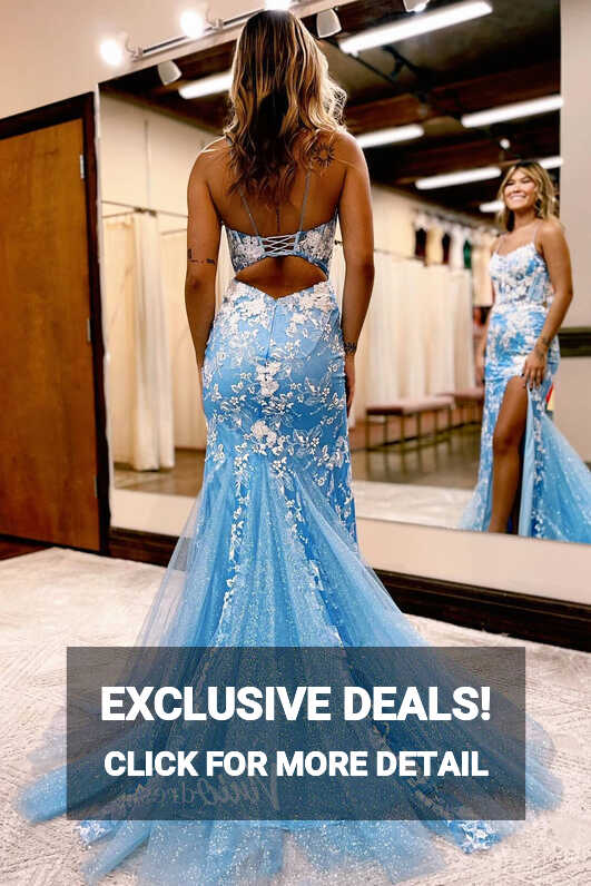 Gorgeous Light Blue Lace Applique Mermaid Prom Dress with ...