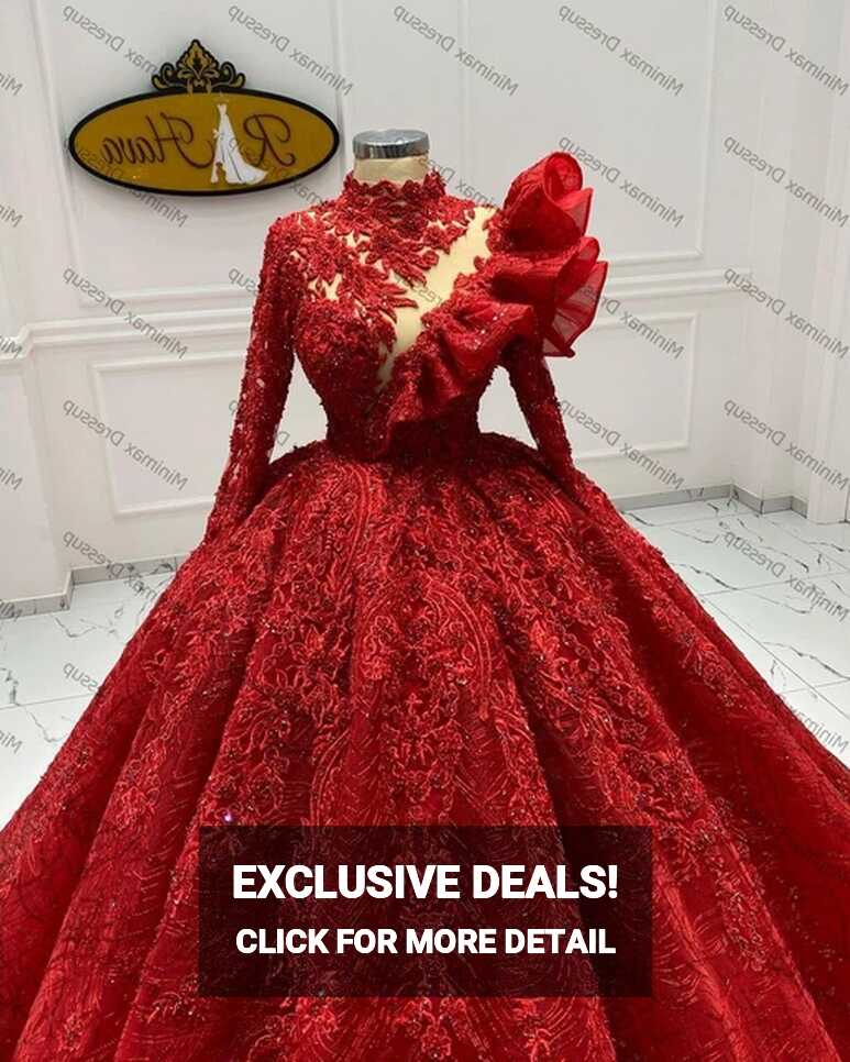 Gorgeous Red Appliques Beaded Dubai Wedding Ball Gowns Pretty High ...