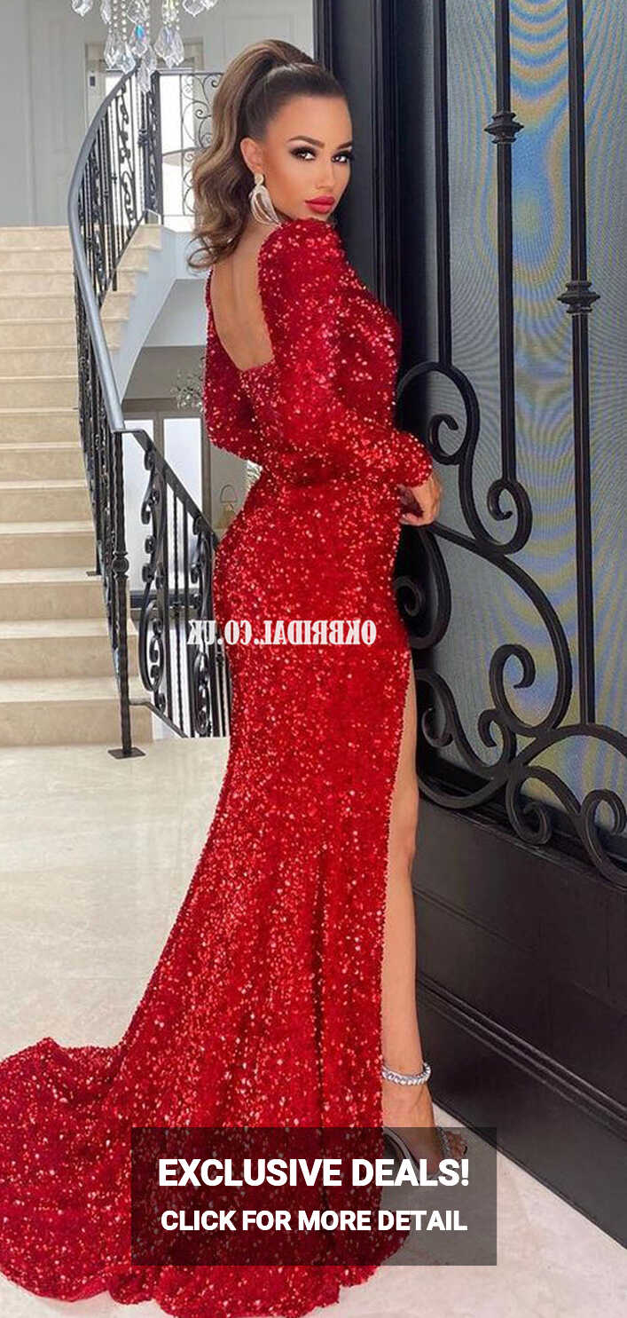 Gorgeous Red Mermaid Long Sleeves Sexy High Slit Sparkle Prom ...