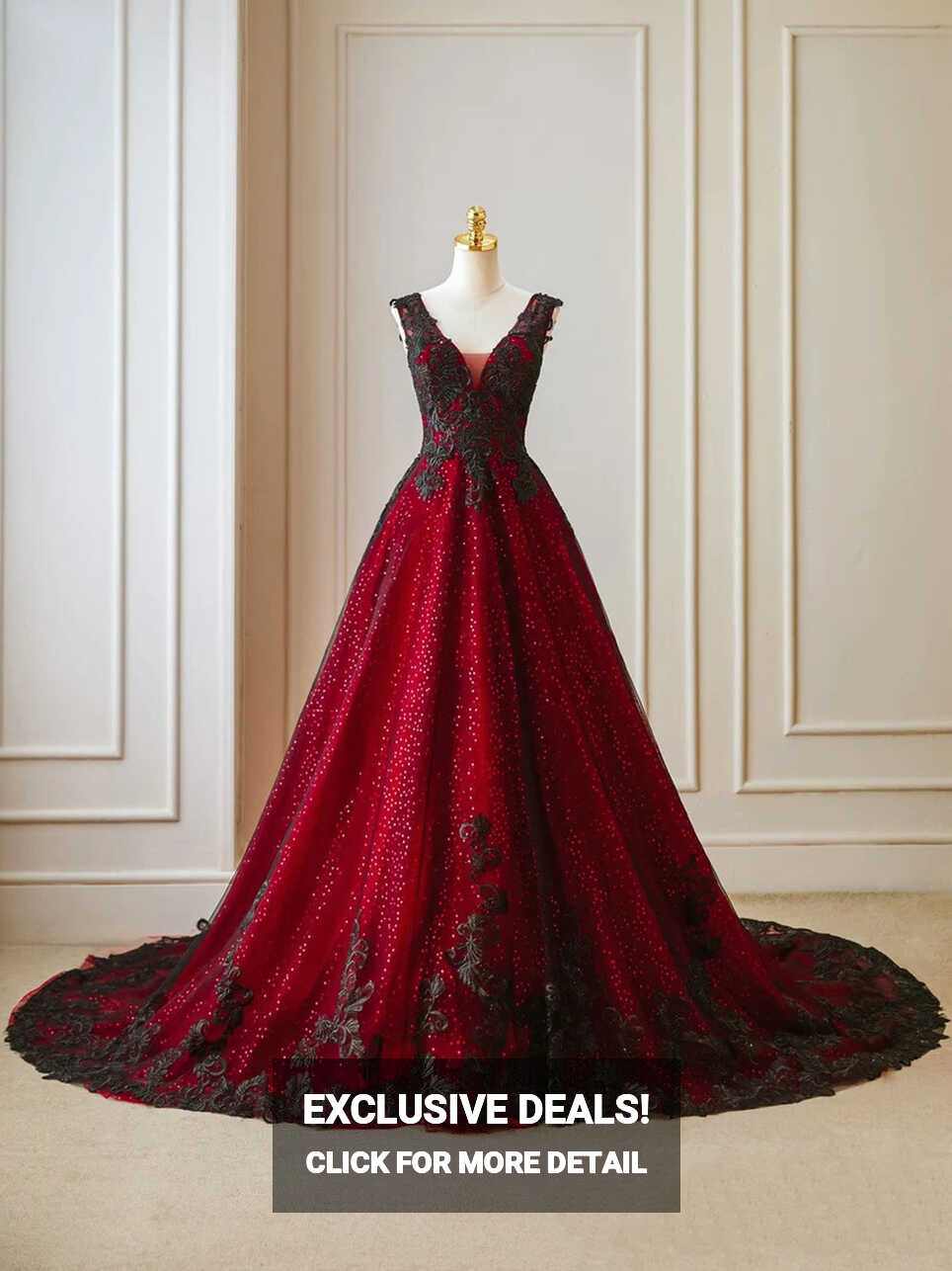 Gothic Wedding Dresses Lace Black and Red V Neck Sparkly ...