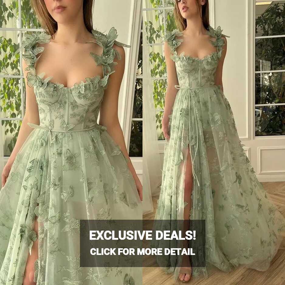 Green 3D Floral Bone Bodice Green Floral Prom Dress With Slit ...