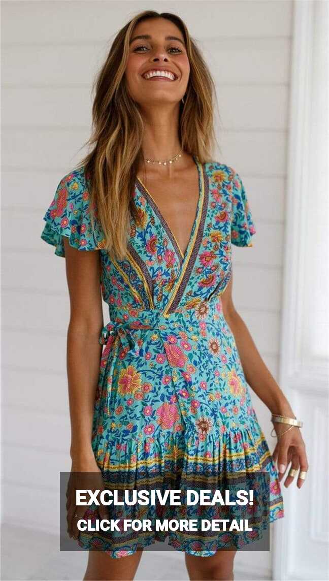 Green Boho Floral Print Wrap Mini Dress – Boho Beach Hut