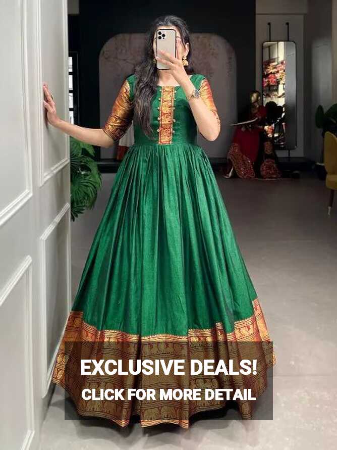 Green Color Narayanpet Gown With Zari Weaving Work South Indian Gown