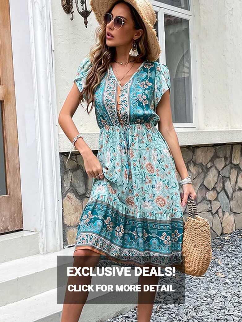 Green Floral Print Boho Midi Summer Dress Women 2023 Elegant Short ...