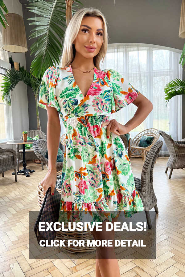 Green Floral Print Short Sleeve V Neck Mini Dress – AX Paris