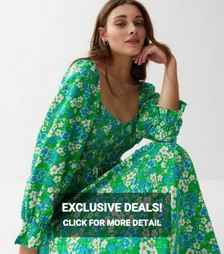 Green Floral Shirred Long Sleeve Midi Dress | New Look