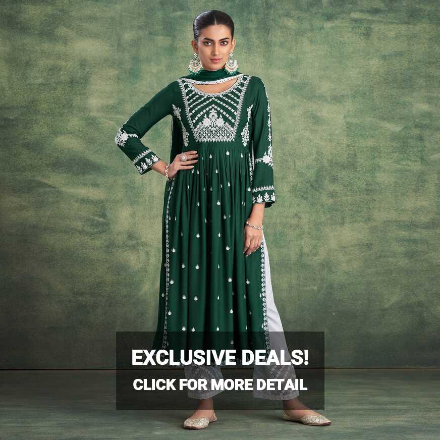 Green Lucknowi Work Rayon Naira Cut Palazzo Suit