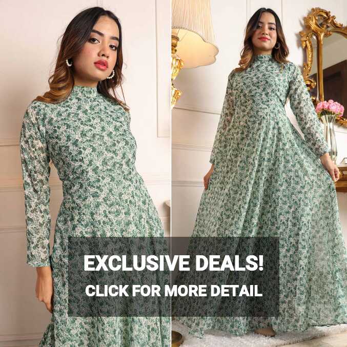 Green Printed Georgette Gown