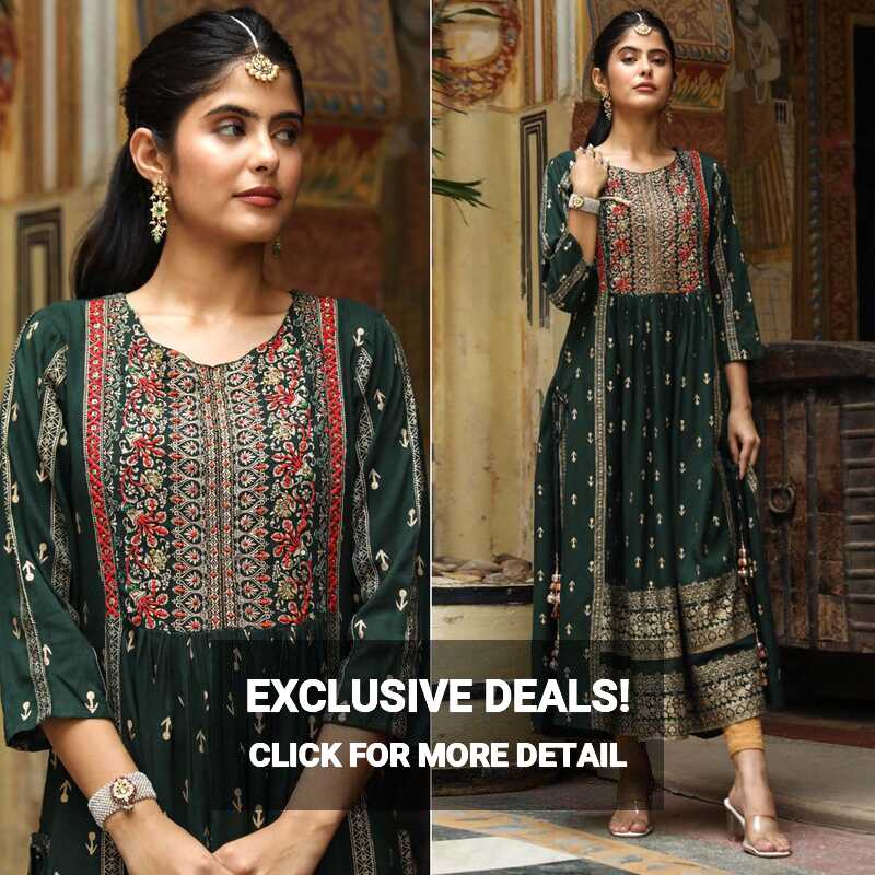 Green Printed With Embroidered Rayon Naira Cut Kurti