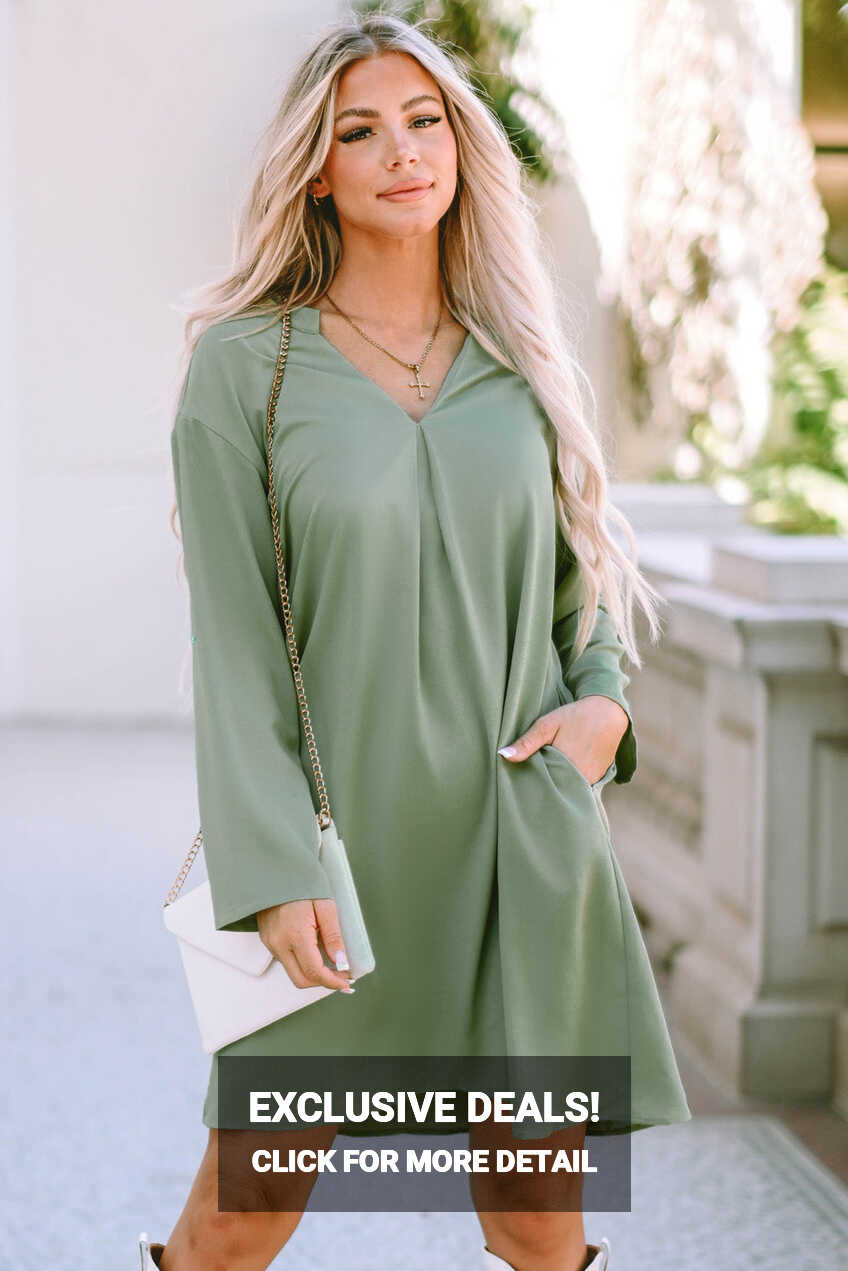 Green Roll-tab Sleeve Flowy Casual Dress – Emmeline&#39;s Fashion