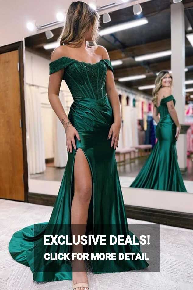 Green Satin Lace Mermaid Off Shoulder Prom Dresses MP779 | Musebridals