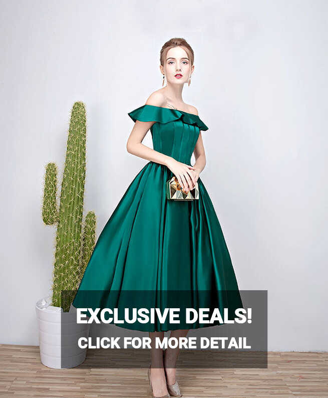 Green Satin Short Prom Dress, Green Tea Length Homecoming Dresses ...