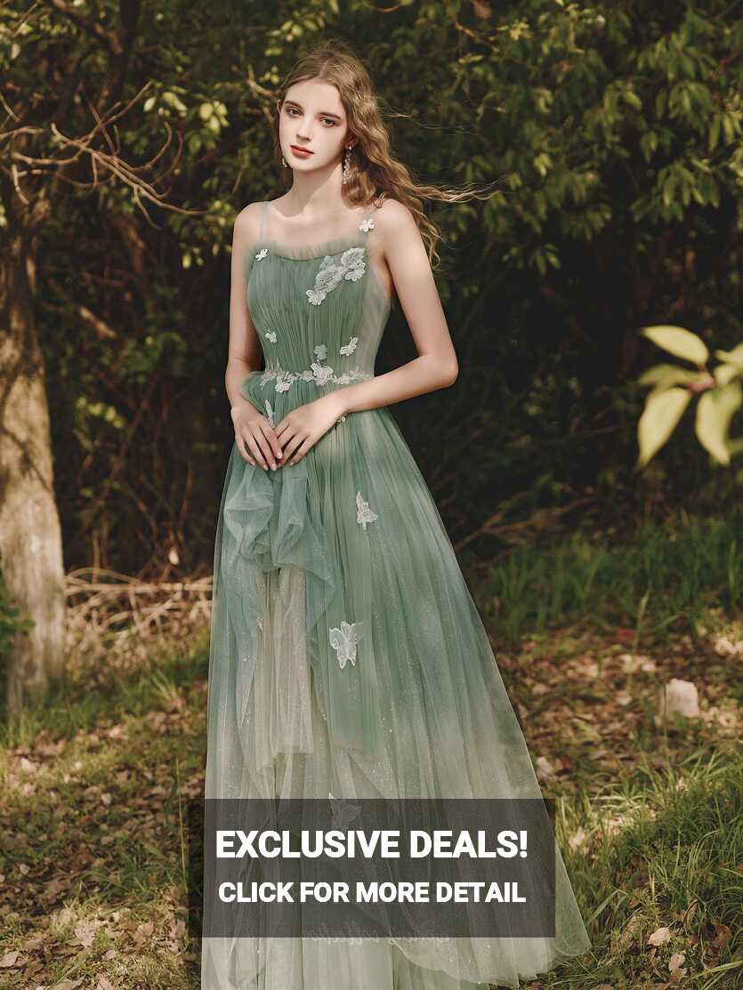 Green Spaghetti Strap Floral Prom Dress 20705 – vigocouture