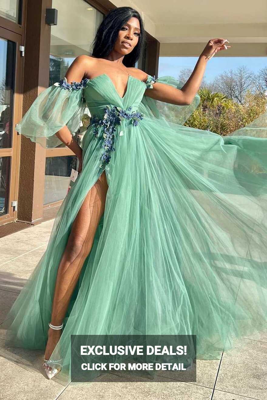 Green Tulle 3D Floral Lace Off-the-Shoulder A-Line Long Prom Dress ...