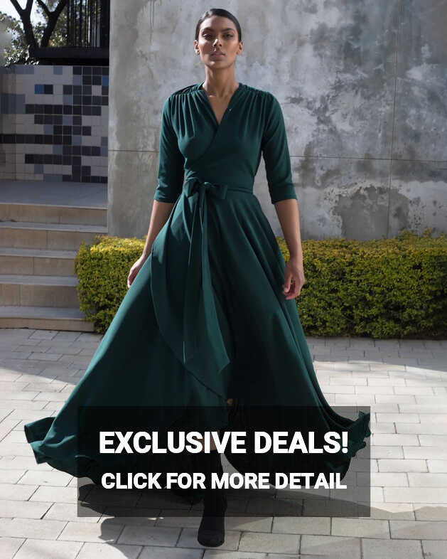 Green Wrap Evening Dress, Erre | Available on Equilibrio