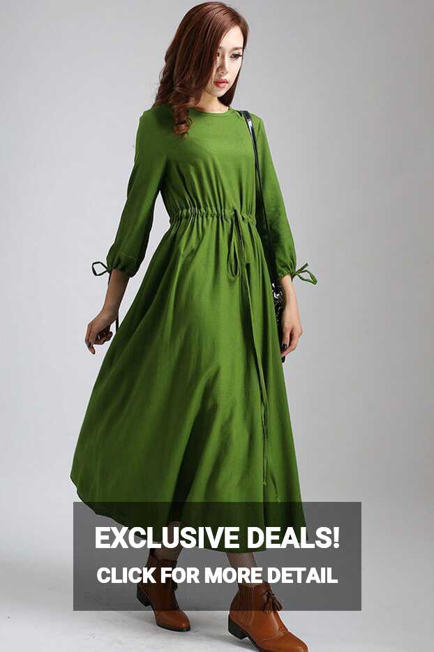 Green dress woman casual maxi dress long day dress custom made ...