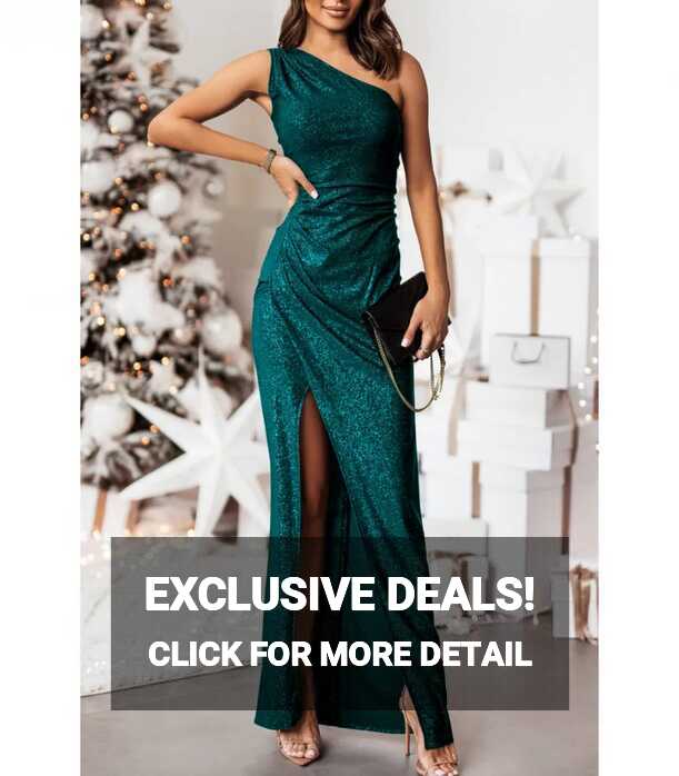 Green one-shoulder long glitter dress with slit | HerSecret.fi