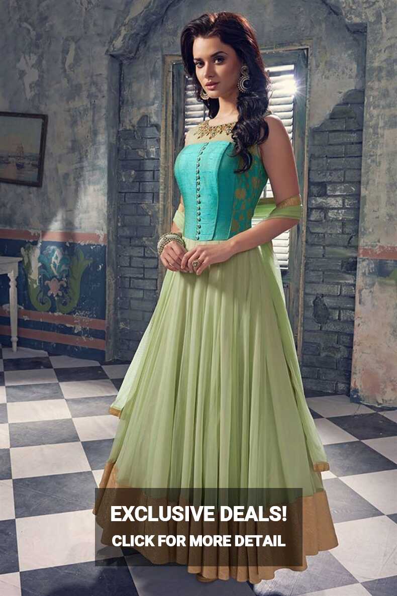 Green plain georgette anarkali suit - Fashionsworld - 1576165