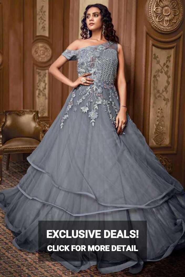 Grey Fancy Designer Party Wear Net Gown With Heavy Embroidered