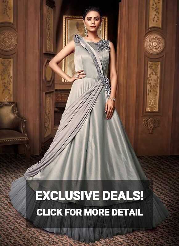 Grey Floral Bunch Embroidered Layered Indo Western Gown