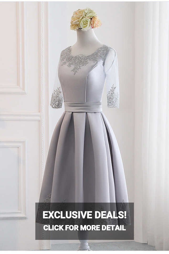 Grey Simple Knee Length Satin Short Sleeves Party Dress, Wedding ...