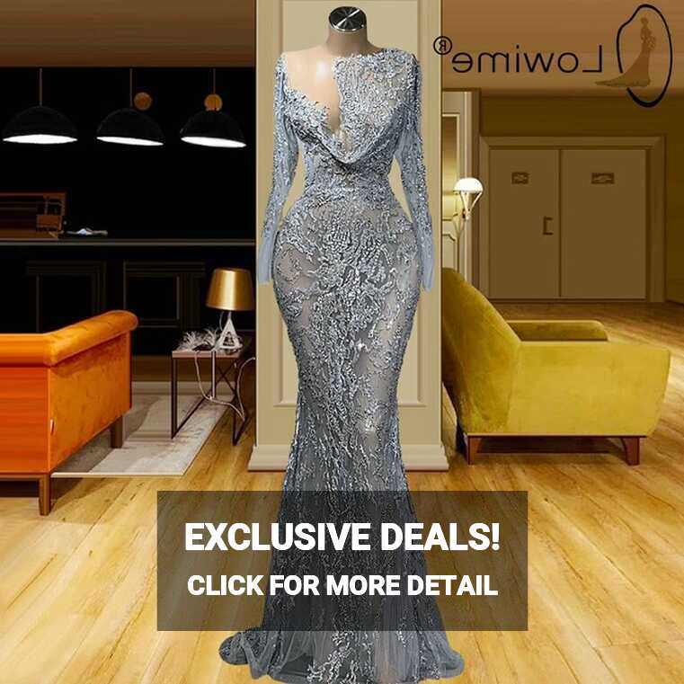 Grey Sparkly Sequins Mermaid Evening Dresses Long Sleeves Sexy ...