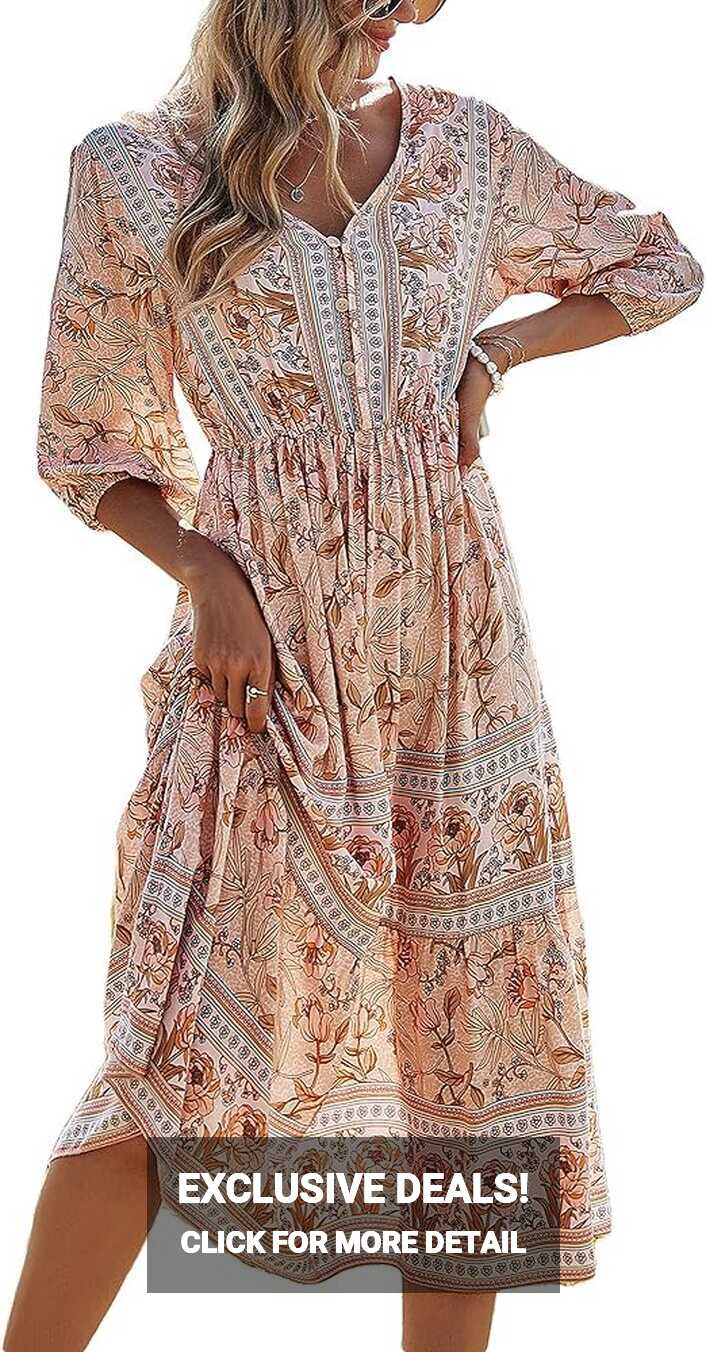 GuliriFe Women Bohemian Floral Printed Maxi Dress with Sleeves ...