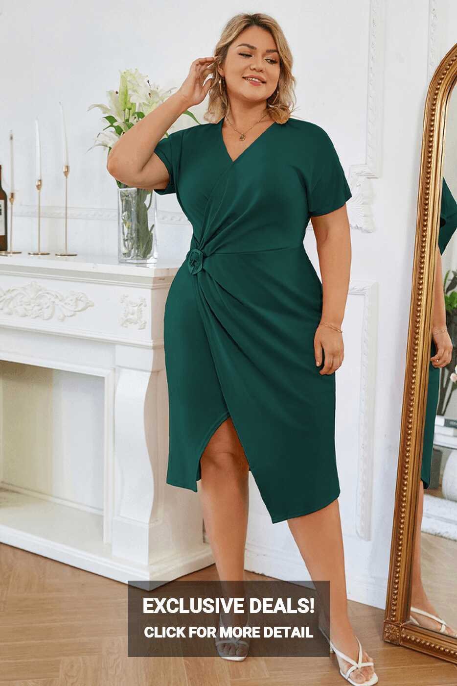 HN Women Plus Size Wrap Hem Dress OL Short Sleeve V-Neck Midi ...