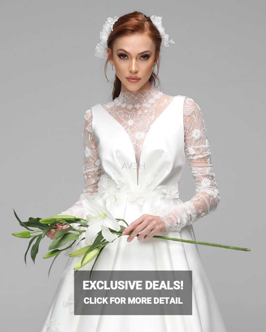 HV22016 - Long-Sleeved, Sheer Satin Bodice Wedding Gown with Lace ...