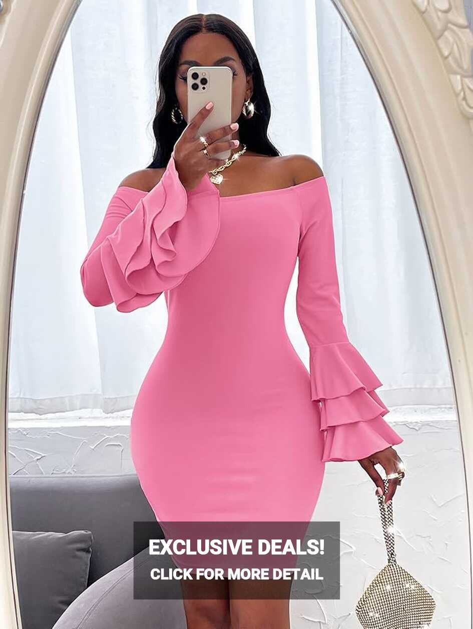 HZ.BEHAVE Dresses for Women Off Shoulder Layered Sleeve Bodycon ...