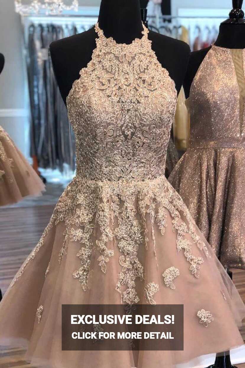 Halter Neck Champagne Lace Short Prom Dresses, Short Lace ...