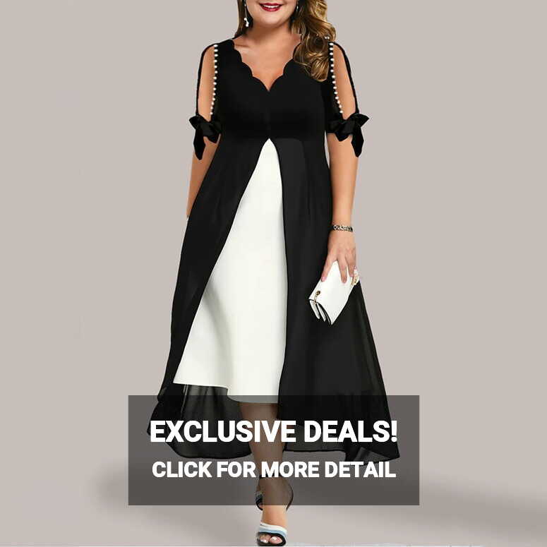 Hanas Dresses Women Plus Size 3/4 Sleeves V Neck Chiffon Panel ...