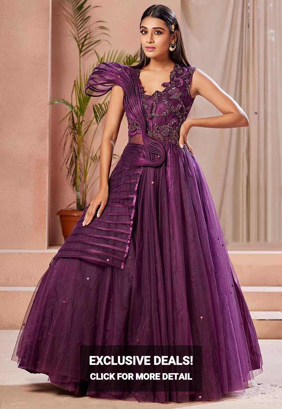 Hand Embroidered Net Gown in Purple