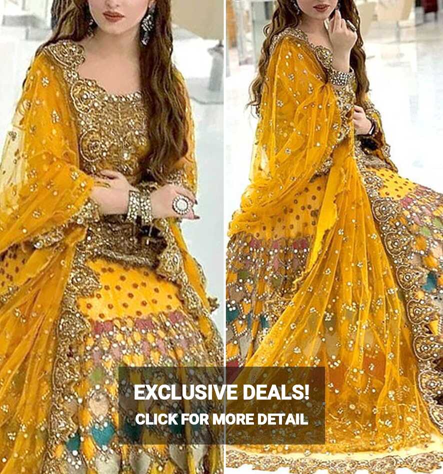 Heavy Embroidered Net Mehndi Bridal Lehenga Dress 2022