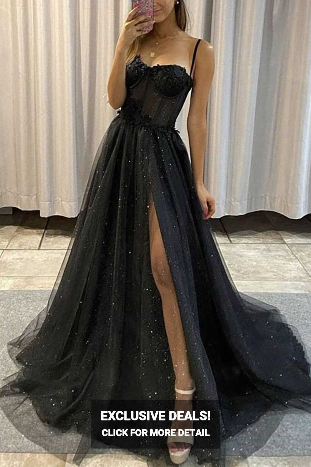 Hellymoon Women Black Tulle Corset Prom Dress with Slit Spaghetti ...