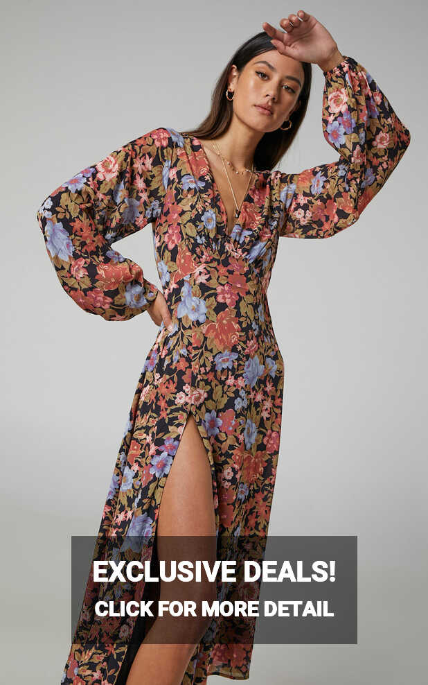 Henny Midi Dress - Long Sleeve Split Dress in Dusk Floral | Showpo