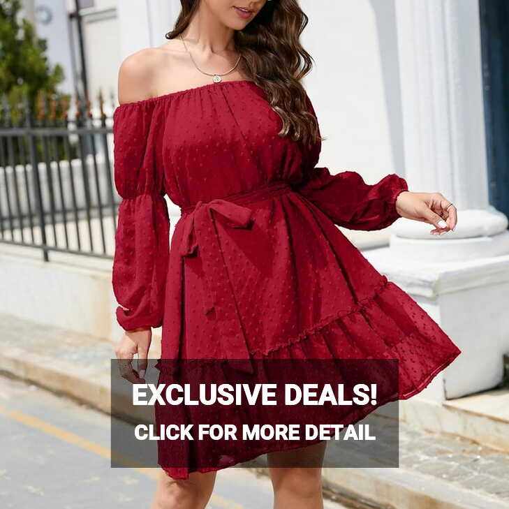 Hfyihgf Womens Tie Waist Ruffle Dress Sexy Off Shoulder Lantern ...