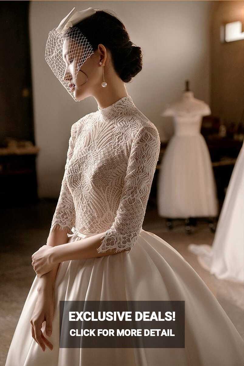 High Collar Wedding Dress Long Sleeve Wedding Dress Ball Gown Lace ...