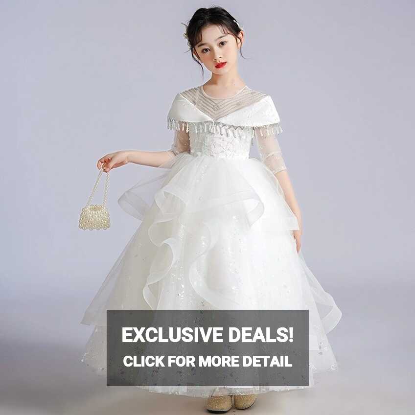 High-End Girls Wedding Dress Long Sleeve White Wedding Gown for 4 ...