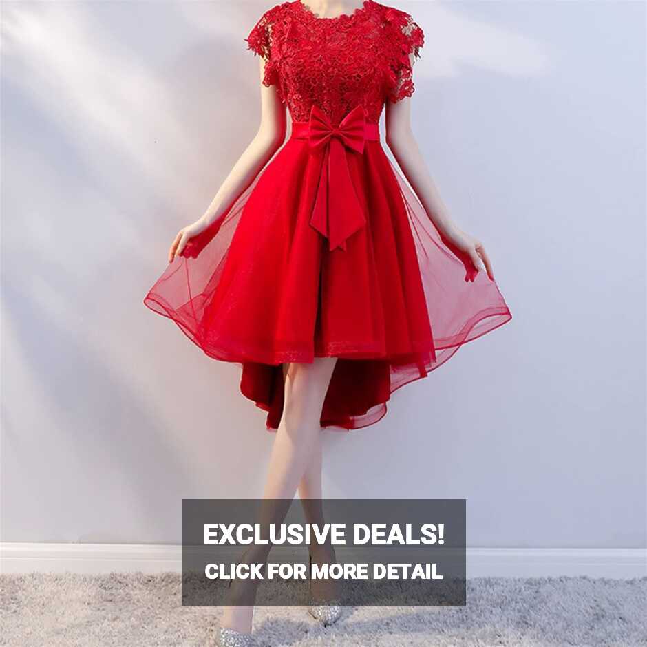 High Low Cocktail Dresses with Bow Lace Short Sleeves Prom Dress ...