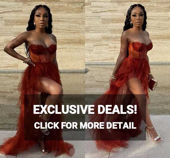 High Low Red Prom Dresses Strapless Lace Tulle Ruffles High Split ...