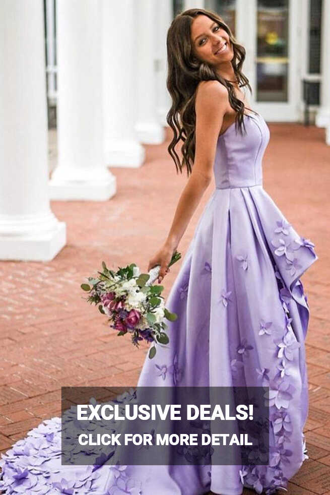 High Low Strapless Purple Satin Floral Long Prom Dresses, High Low ...