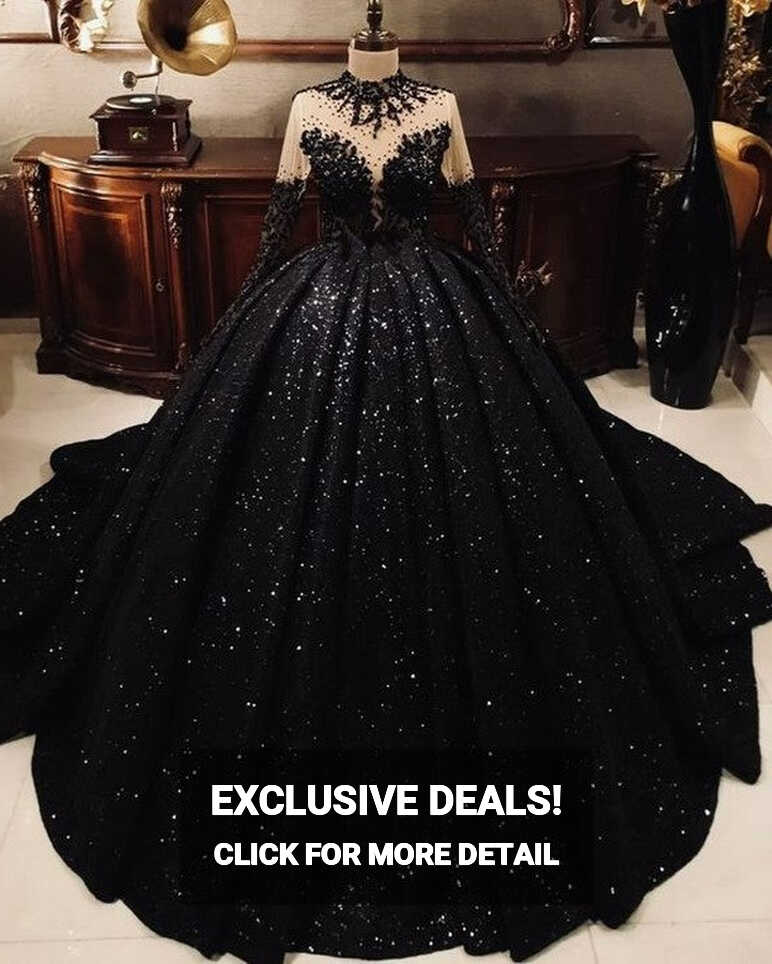 High Neck Ball Gown Black Sequin Wedding Dresses Long Sleeves ...