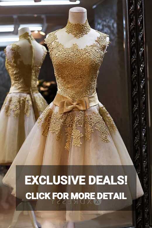 High Neck Gold Lace &amp; Organza Short Cocktail Dress - Xdressy