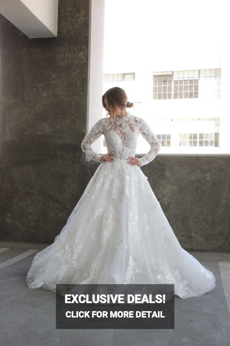 High Neck Lace Ballgown Wedding Dress With Long Sleeves ...